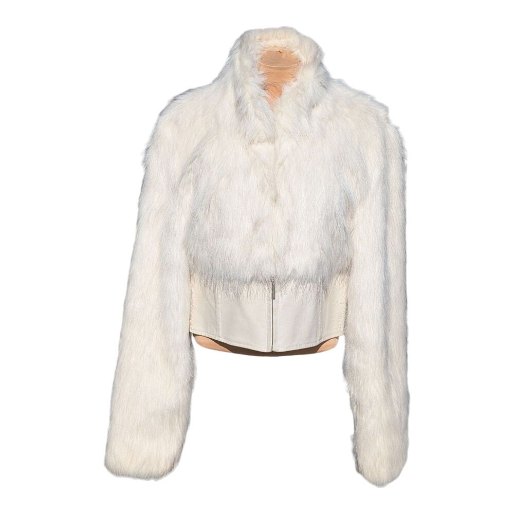 Heart Moon Star Faux Fur & Leather White Cropped Coat Size L Cozy Y2K Warm VTG